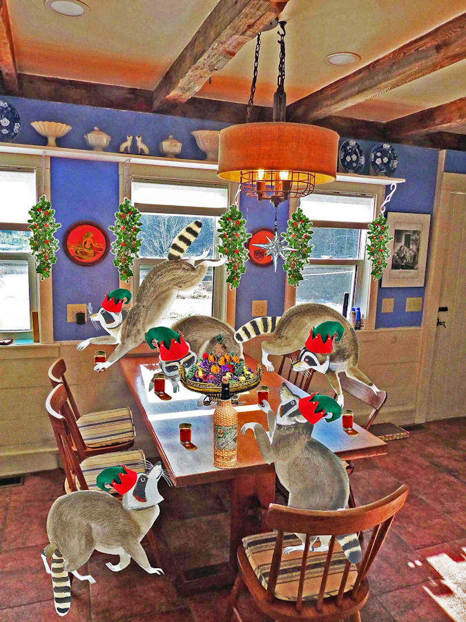 Robinhood Farm kitchen featuring five raccoons by Dahlov Ipcar, from an illustration in MY WONDERFUL CHRISTMAS TREE, used with permission, all rights reserved.  Graphic ©2021, Ipbar Productions, all rights reserved.