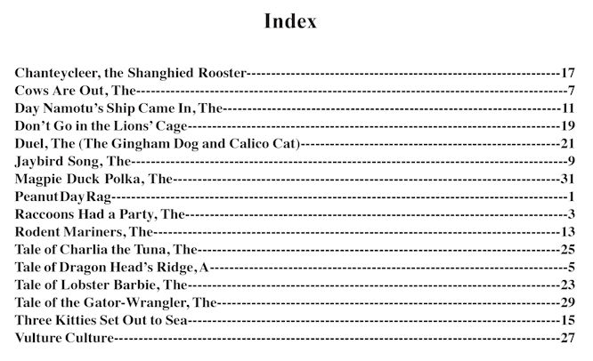 index to songs in "The Incredible Critters Songbook"