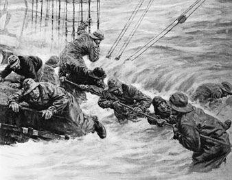 picture of waves pouring over side of ship as crew hangs on