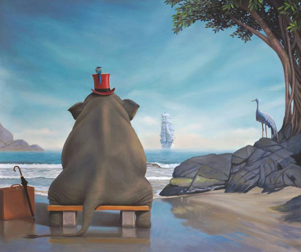 “The Day Namotu’s Ship Came In,” painted by Paul Bond, 24” X 20”, &copy;2014, San Clemente, CA