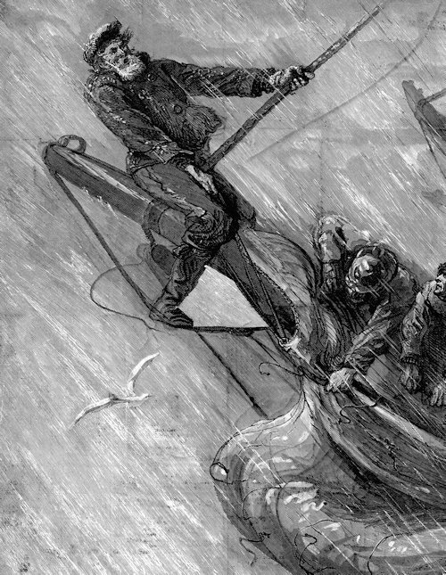 Old sailor out at the end of the yardarm during a gale, artist unknown, from Yankees Under Sail, edited by Richard Heckman, published by Yankee Books, Dublin, New Hampshire, US, &copy; 1986, p. 177.