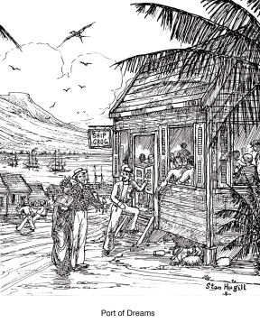 sketch of tropical port by Stan Hugill - port_dreams.jpg - 51549 Bytes